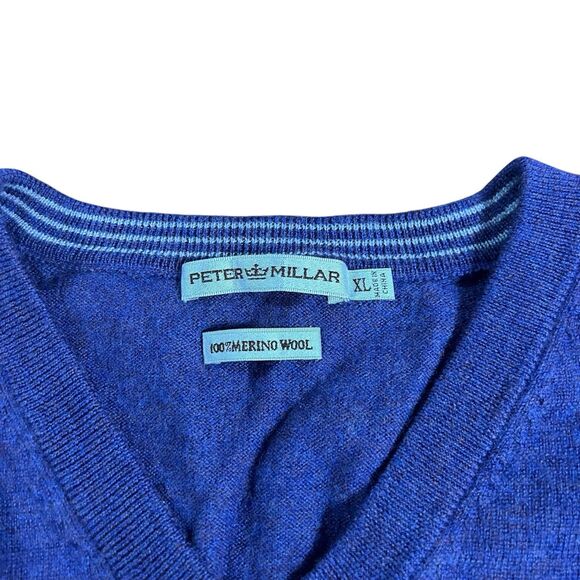 Peter Millar V-Neck Sweater Mens XL Italian Merino Wool Blue Golf Preppy Classic - Picture 3 of 9
